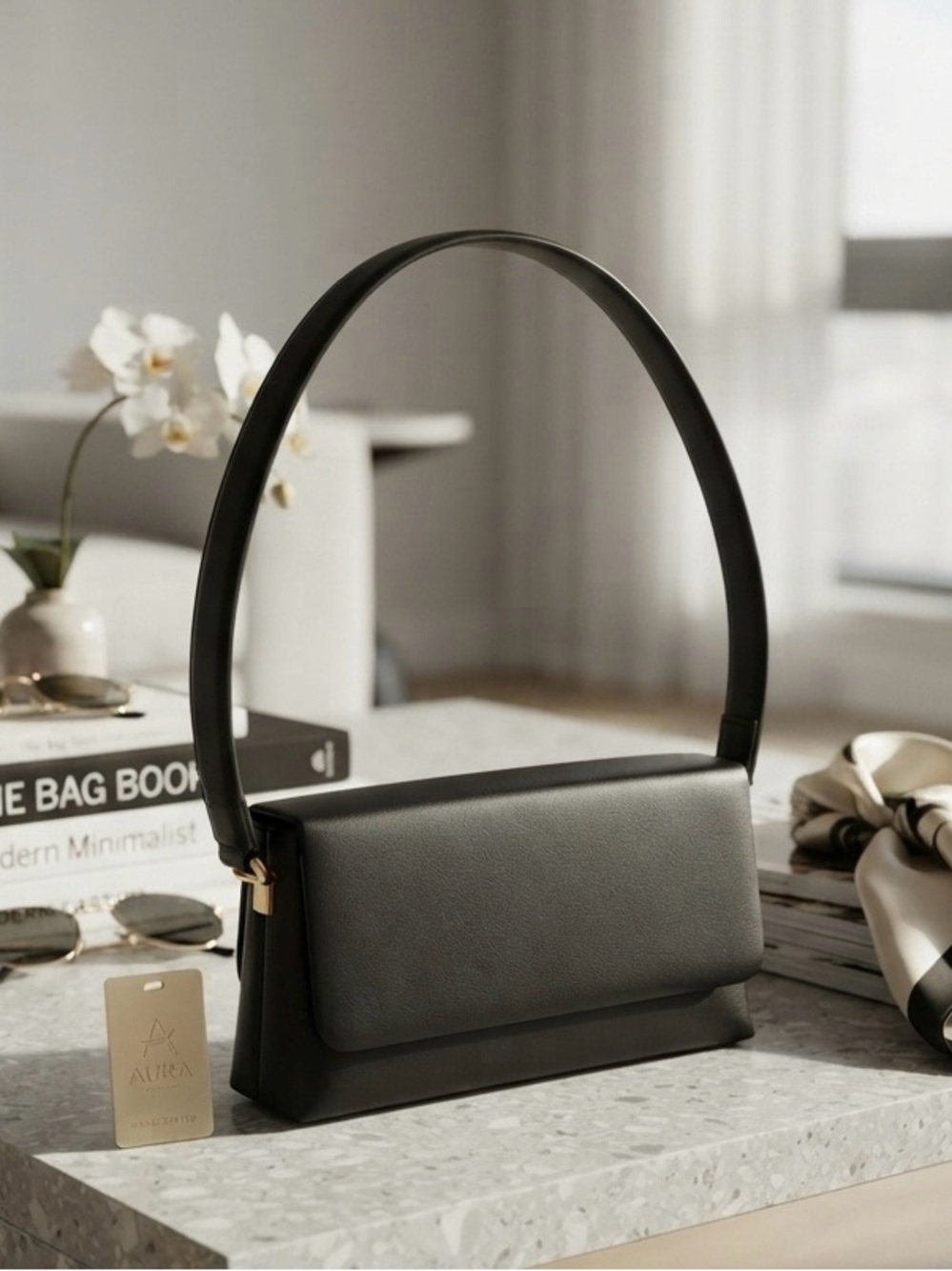 Madison West Black Structured Leather Shoulder Bag